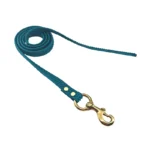 green textured PVC dog leash with copper hook and textured strap, on a white background.
