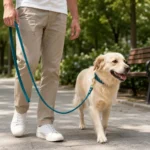 green textured PVC dog leash with copper hook shown in a lifestyle scene.