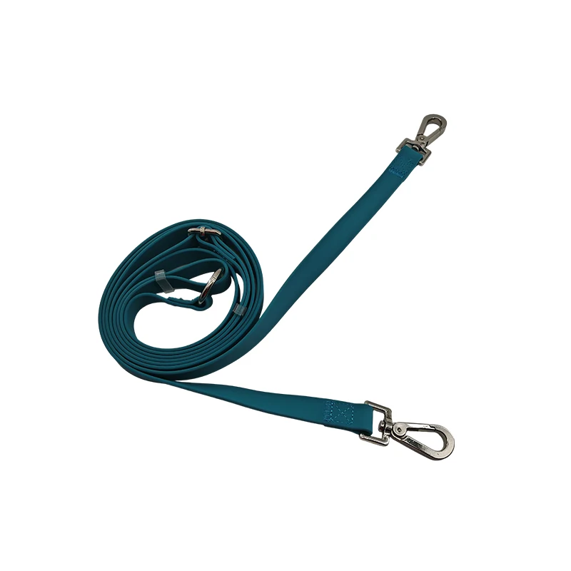 dual-ended dog leash with a reinforced strap and two metal snap hooks, on a white background.