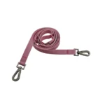 dual-ended dog leash with a reinforced strap and two metal snap hooks, on a white background.