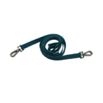 dual-ended dog leash with a reinforced strap and two metal snap hooks, on a white background.