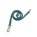 dual-ended dog leash with a reinforced strap and two metal snap hooks, on a white background.