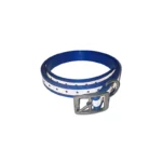 Blue reflective TPU dog collar with a silver reflective strip, metal buckle, and D-ring on a white background.