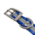 blue reflective TPU dog collar with a silver reflective strip, metal buckle, and D-ring, on a white background.