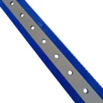 blue reflective TPU dog collar with a silver reflective strip, metal buckle, and D-ring, on a white background.