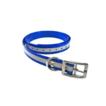 blue reflective TPU dog collar with a silver reflective strip, metal buckle, and D-ring, on a white background.