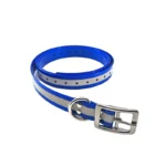 blue reflective TPU dog collar with a silver reflective strip, metal buckle, and D-ring, on a white background.
