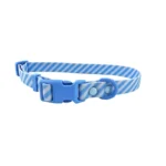 blue and white striped printed logo dog collar, on a white background.