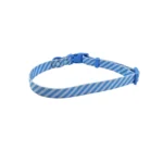 blue and white striped printed logo dog collar, on a white background.