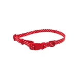 red and white polka dot printed logo dog collar, on a white background.