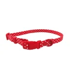 Red and white polka dot printed dog collar laid flat on a white background.