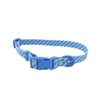 Blue and white striped printed dog collar with buckle and D-ring on a white background.