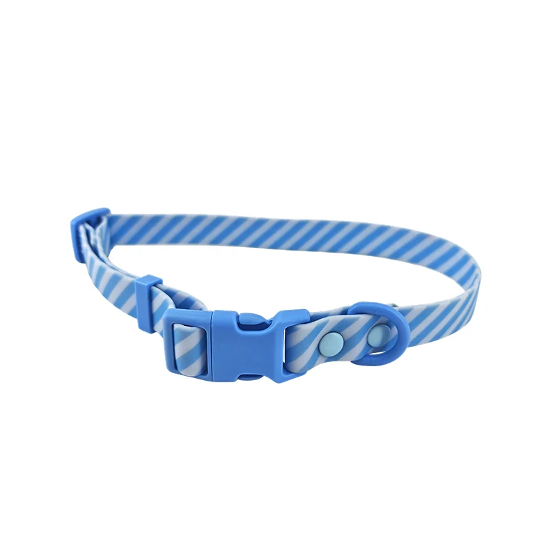 Blue and white striped printed dog collar with buckle and D-ring on a white background.