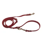 red PVC double-ended dog leash with two metal snap hooks and a reinforced strap, on a white background.