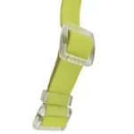 lime green clear-buckle dog collar with a transparent quick-release buckle and D-ring, on a white background.