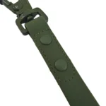 green custom logo PVC dog leash with coated strap and metal snap hook, on a white background.