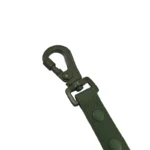 green custom logo PVC dog leash showing the coated strap and metal snap hook from an alternate angle.