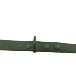 green custom logo PVC dog leash showing the handle, coated strap, and metal snap hook.