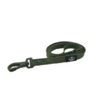 green custom logo PVC dog leash with coated strap and metal snap hook, shown from another angle.