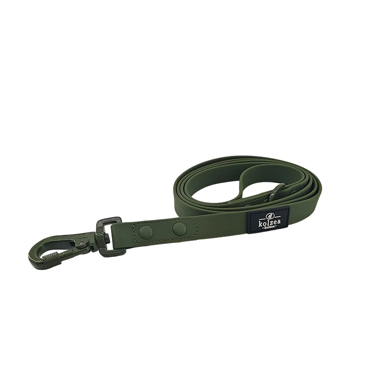 green custom logo PVC dog leash with coated strap and metal snap hook, shown from another angle.