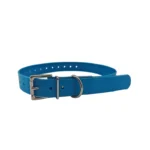 blue TPU dog collar with TPU-coated strap, adjustment holes, and metal buckle, on a white background.