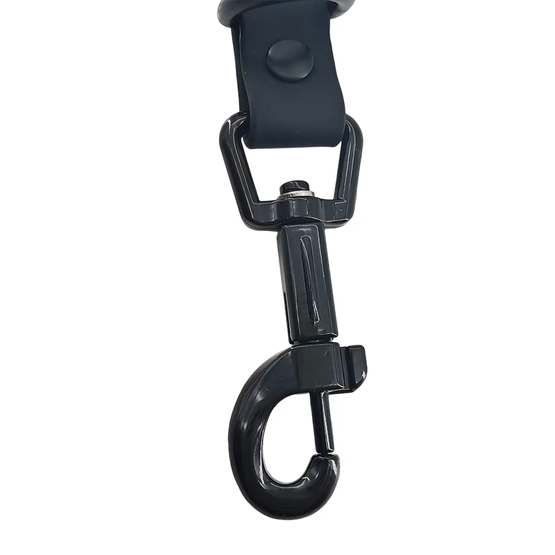 black short PVC dog leash with coated strap and metal snap hook, on a white background.