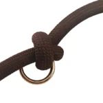 brown round rope dog leash with a braided rope body and metal snap hook, on a white background.