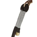 brown round rope dog leash with a braided rope body and metal snap hook, on a white background.