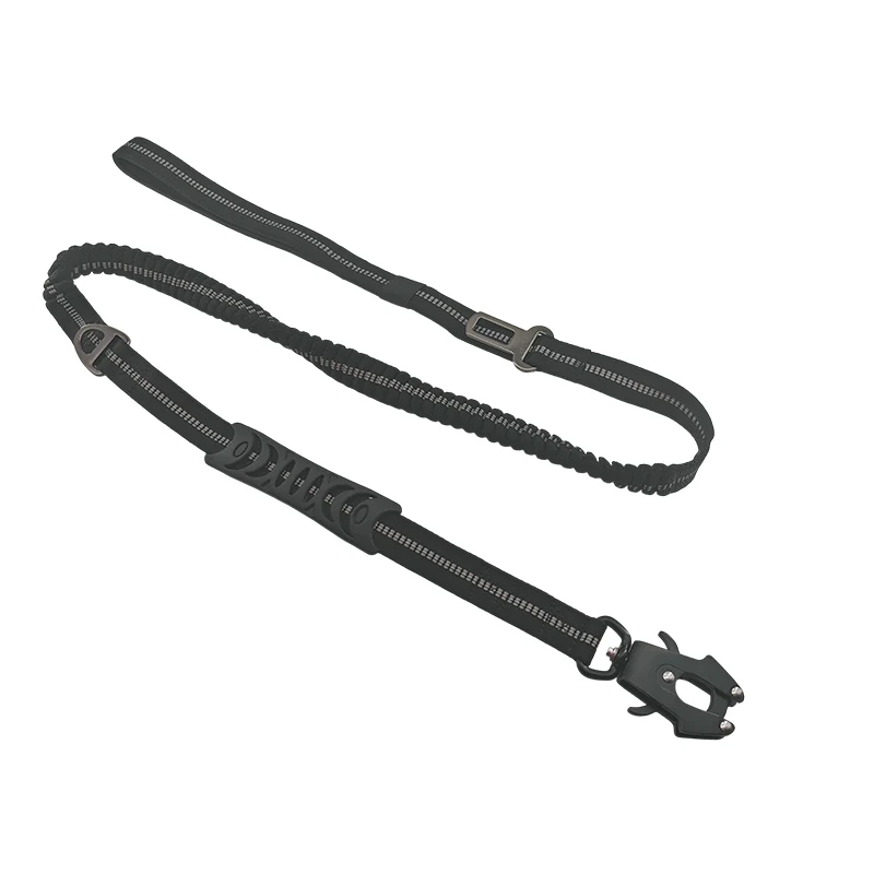 elastic bungee dog leash with a stretch cord, reinforced handle, and metal snap hook, on a white background.
