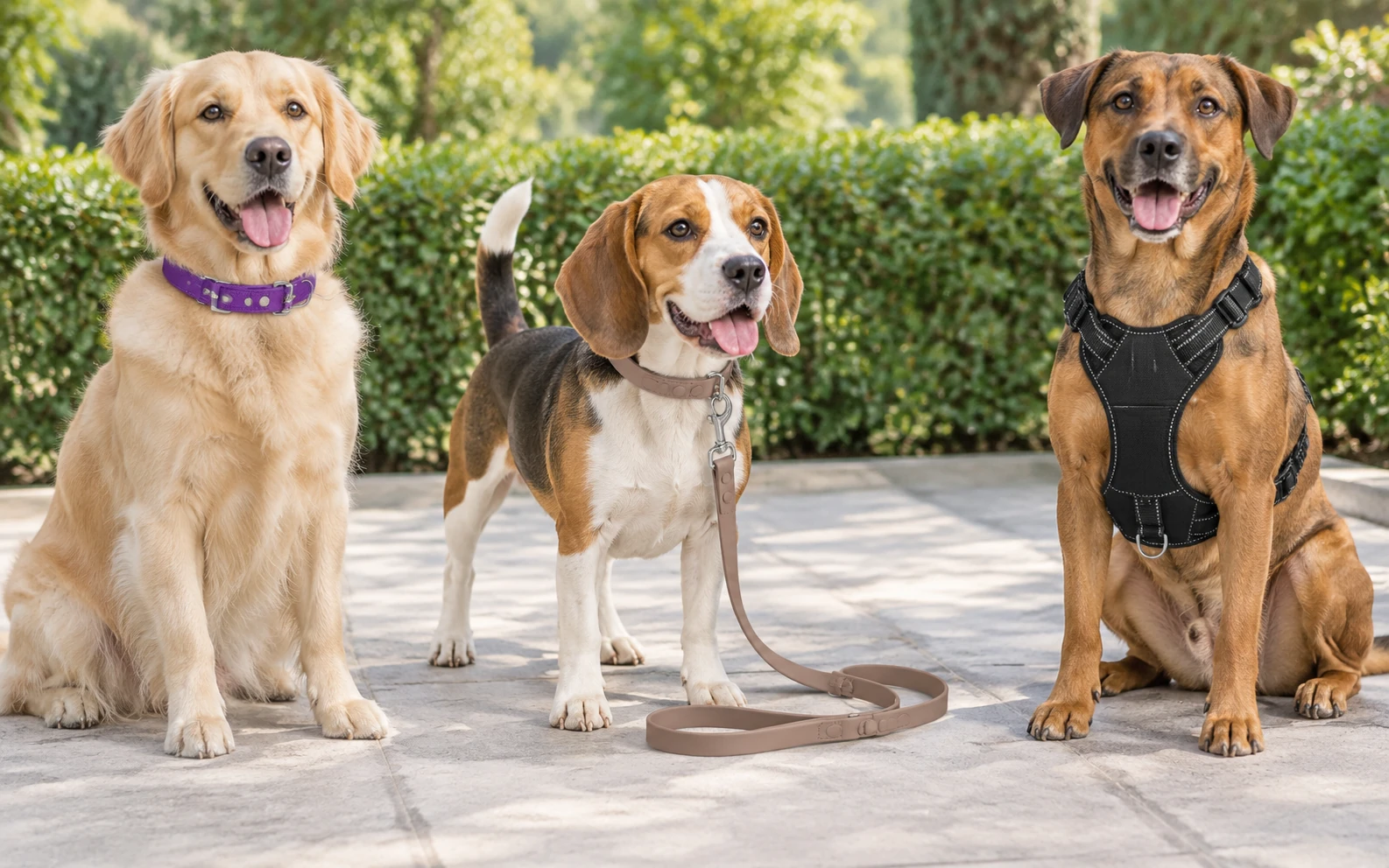 AI-assisted scene of three dogs with a purple collar, taupe leash and black harness