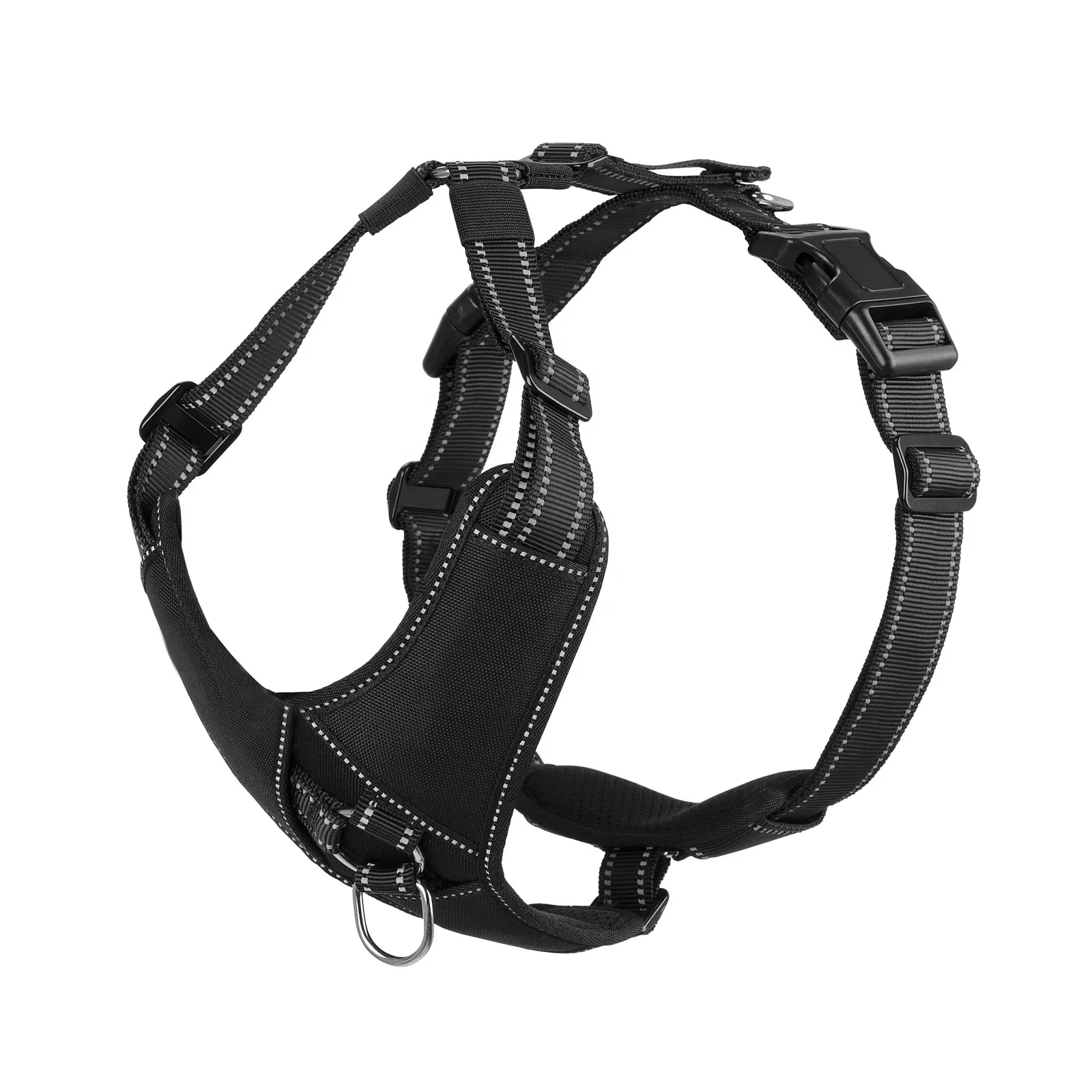 Black adjustable harness with pale stitching and metal attachment rings