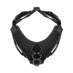 black Y-shaped tactical dog harness with padded chest panel, reflective stitching, and metal D-ring, on a white background.