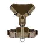 khaki tactical Molle dog harness with adjustable chest strap, buckles, and metal D-ring, on a white background.