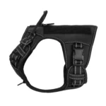 side view of black tactical dog harness with padded chest panel, adjustable straps, and metal buckles, on white background.