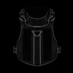 front detail of a black tactical dog harness with padded chest panel, reflective stitching, and adjustable straps.