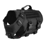 black tactical Molle dog harness with adjustable straps, webbing panels, and metal D-rings, on a white background.