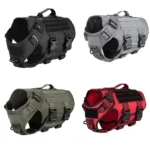 multicolor tactical Molle dog harnesses with varied webbing colors, adjustable straps, and handles, shown as an assortment.