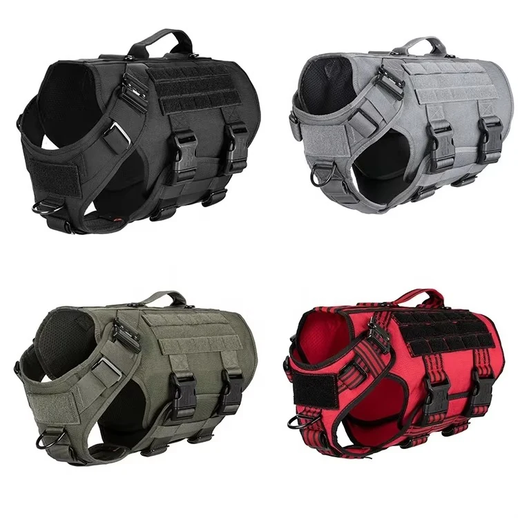 multicolor tactical Molle dog harnesses with varied webbing colors, adjustable straps, and handles, shown as an assortment.