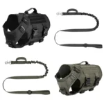 black and olive tactical dog harnesses with matching bungee leashes and adjustable straps, shown as an assortment.