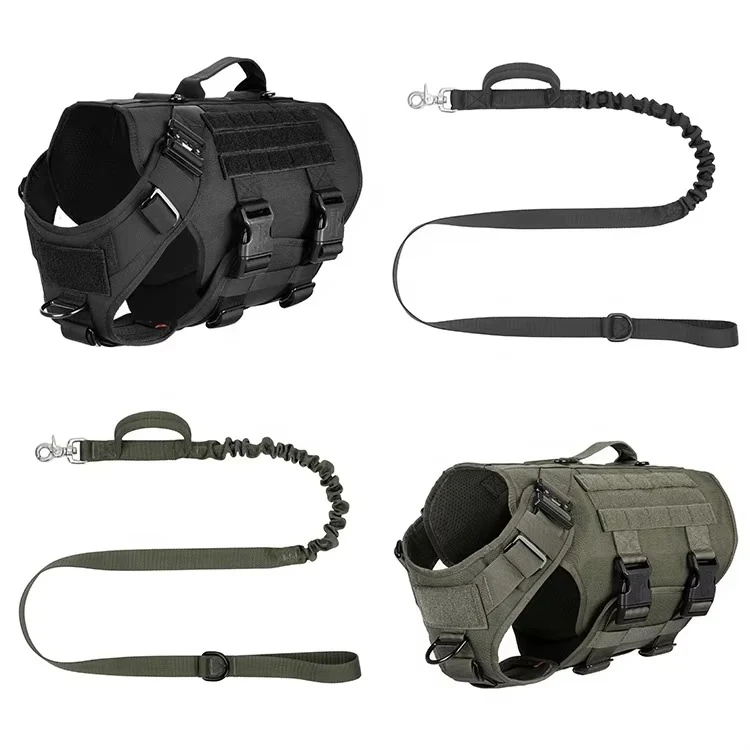black and olive tactical dog harnesses with matching bungee leashes and adjustable straps, shown as an assortment.