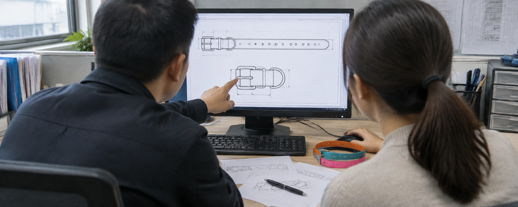 Two people reviewing a pet collar drawing on a computer, viewed from behind