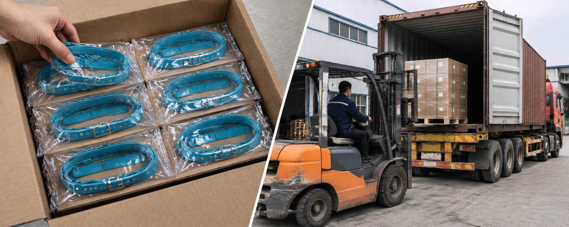 Bagged blue pet collars in a carton beside a forklift operator loading a truck